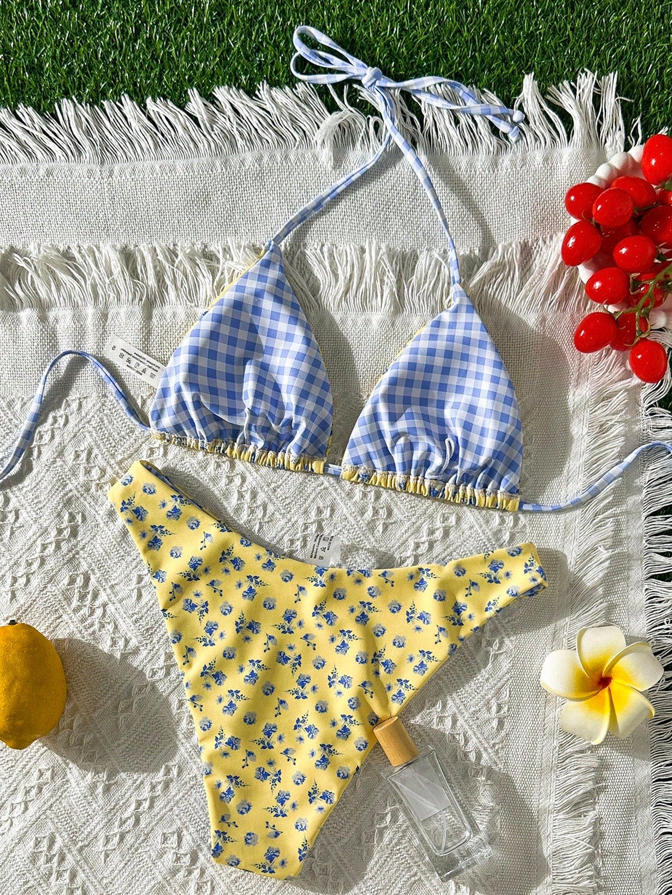 Swim Mod New Women's Summer 2 Pieces Random Floral & Plaid Print Triangle Halter Bikini Top And Bottom Set, Beach Vacation Swimwear