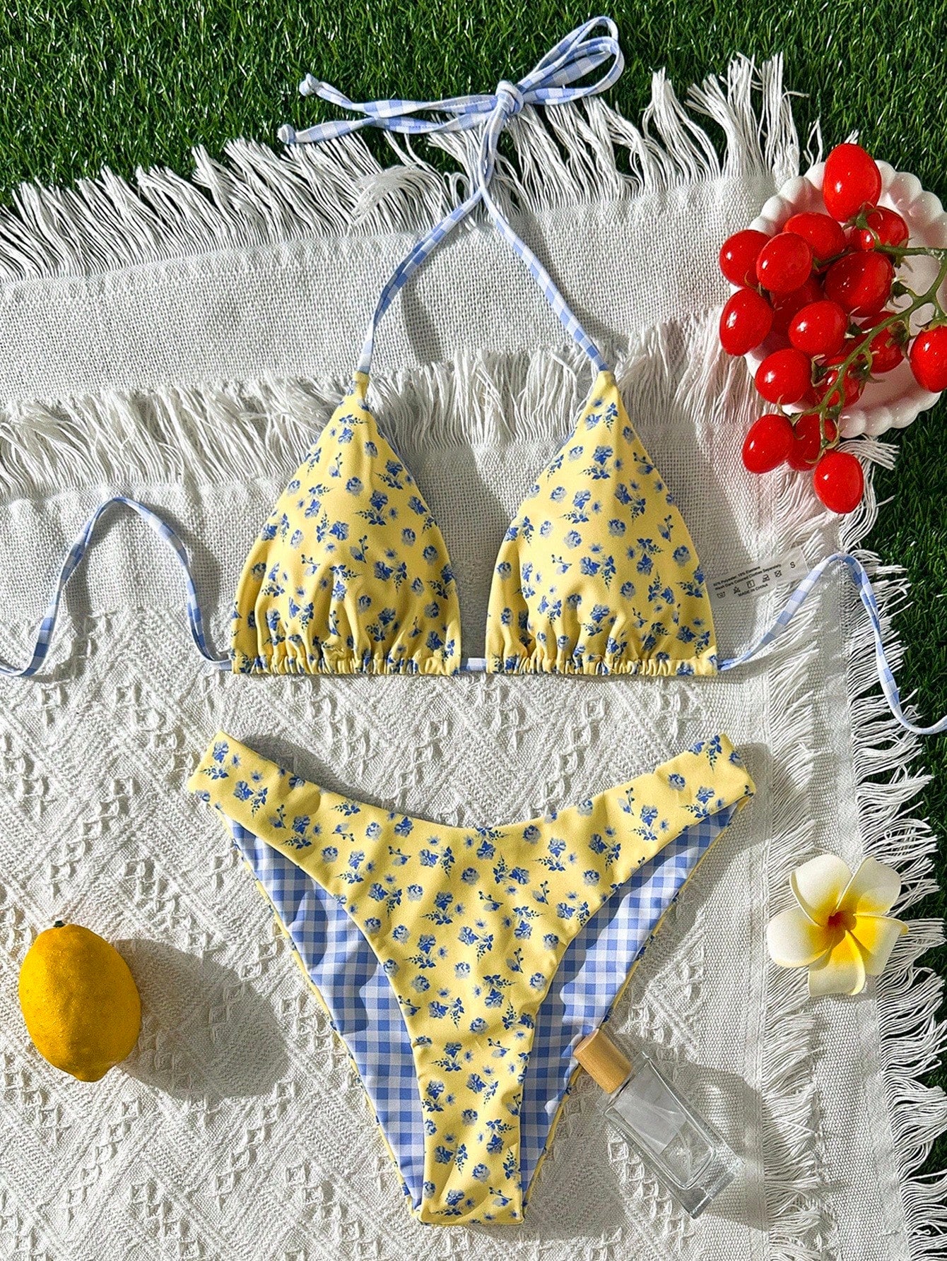 Swim Mod New Women's Summer 2 Pieces Random Floral & Plaid Print Triangle Halter Bikini Top And Bottom Set, Beach Vacation Swimwear