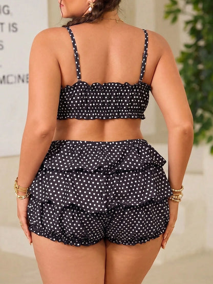Swim Mod Plus Size 2-Piece Swimwear For Women,Black Elegant Polka Dot Print Spaghetti Strap Bandeau Bikini Set With Layered Ruffle Skirt Bottoms,Summer Beach