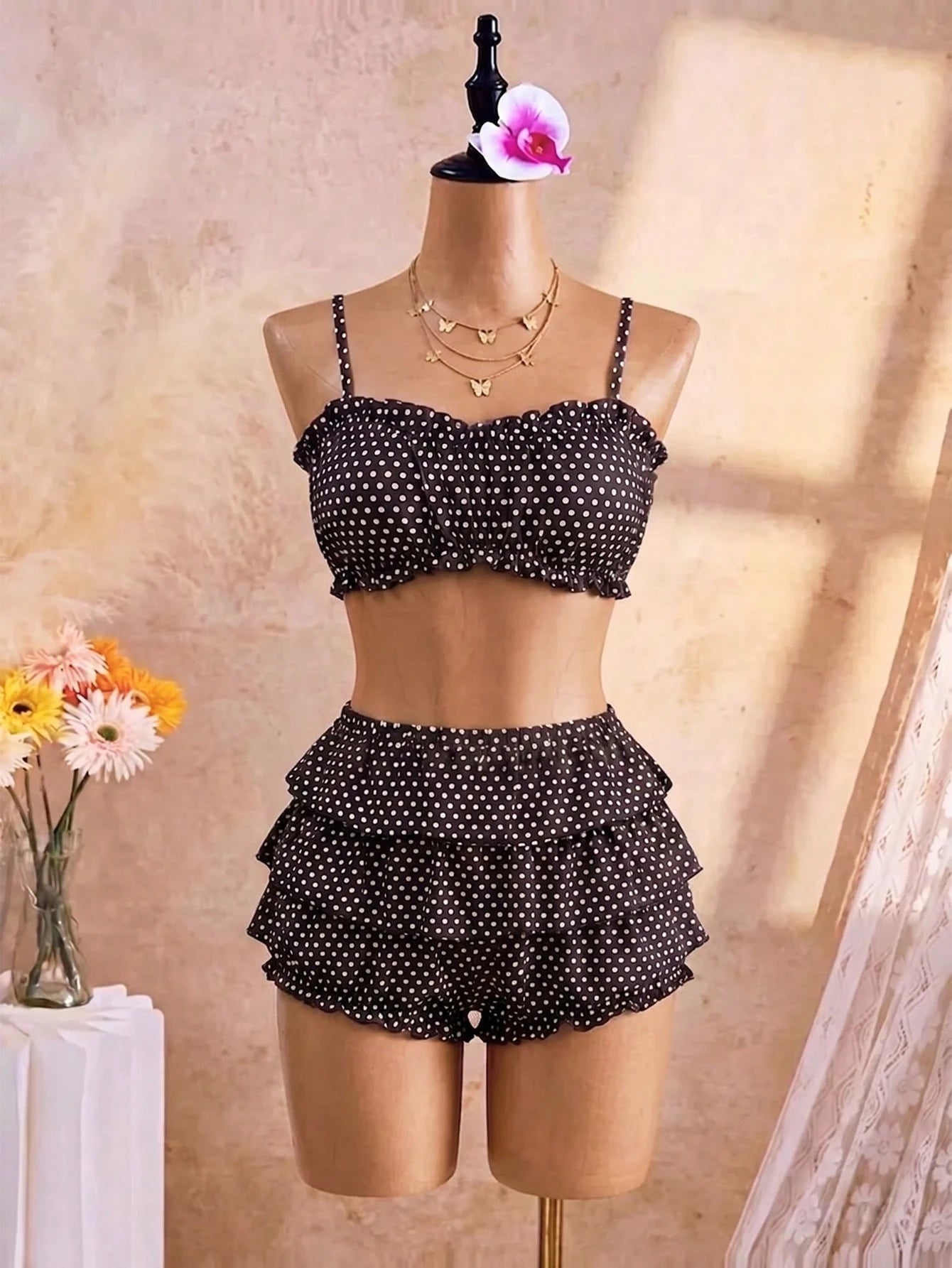 Swim Mod Plus Size 2-Piece Swimwear For Women,Black Elegant Polka Dot Print Spaghetti Strap Bandeau Bikini Set With Layered Ruffle Skirt Bottoms,Summer Beach