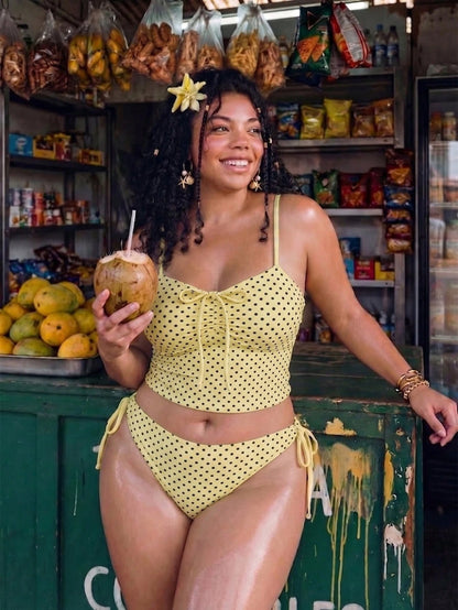 Swim Mod Plus Size 2-Piece Women Butter Yellow Spaghetti Strap Bikini Set,Ruched Front Tie Bow Top,Adjustable Side Tie Bottom,Summer Beach Vacation Holiday