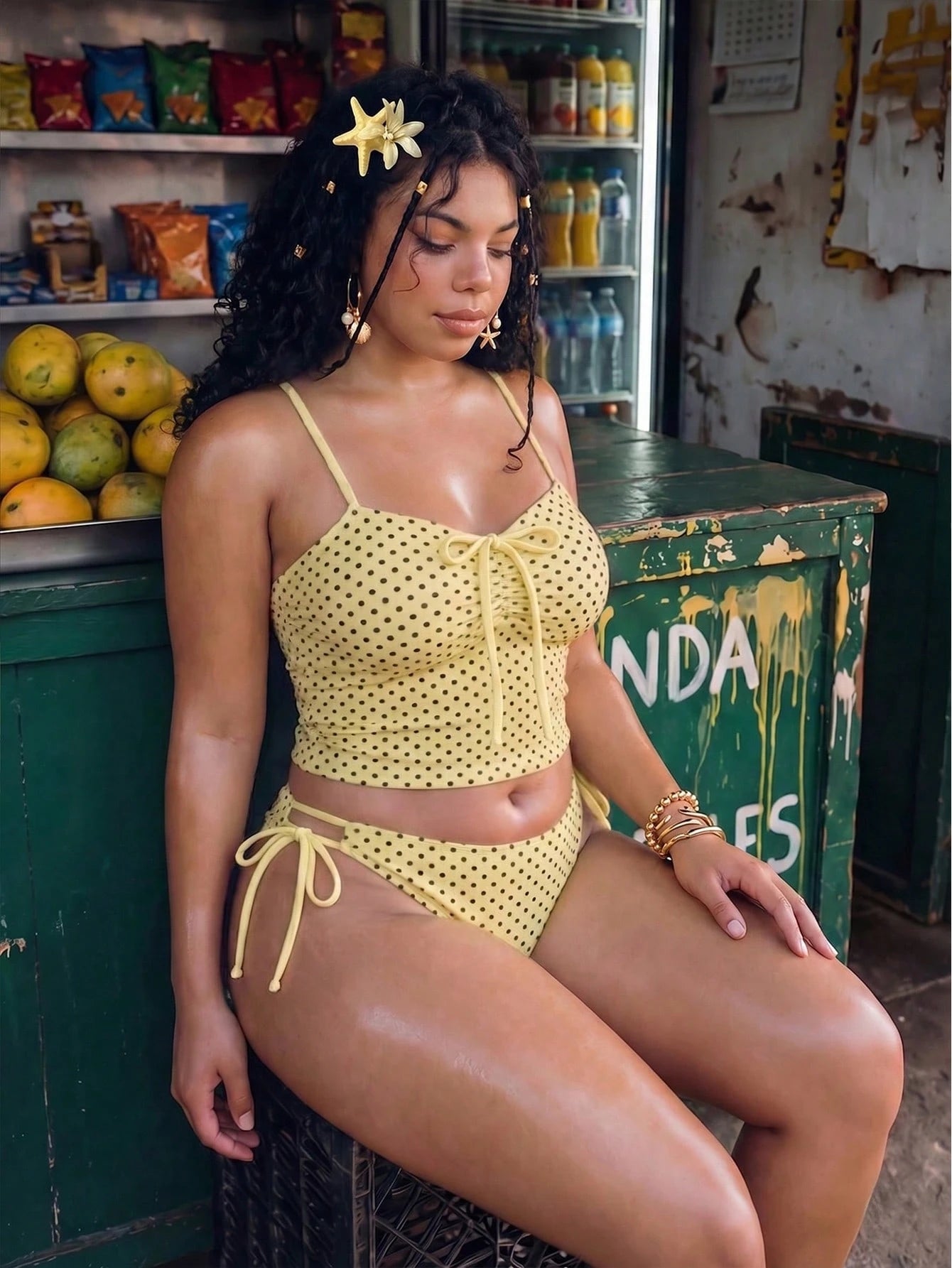 Swim Mod Plus Size 2-Piece Women Butter Yellow Spaghetti Strap Bikini Set,Ruched Front Tie Bow Top,Adjustable Side Tie Bottom,Summer Beach Vacation Holiday