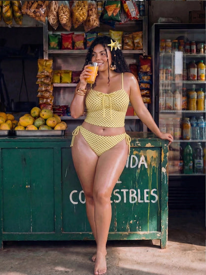 Swim Mod Plus Size 2-Piece Women Butter Yellow Spaghetti Strap Bikini Set,Ruched Front Tie Bow Top,Adjustable Side Tie Bottom,Summer Beach Vacation Holiday