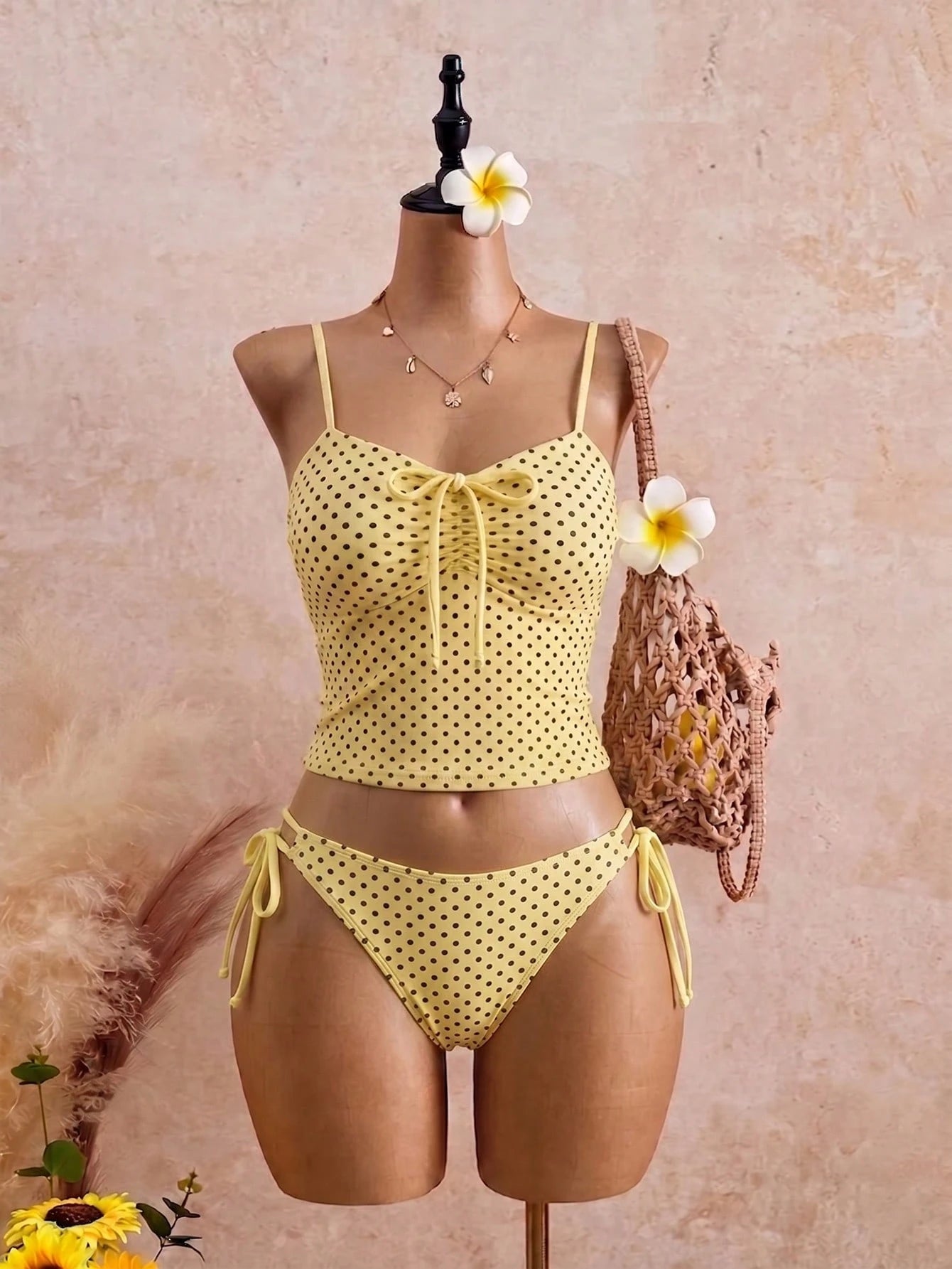 Swim Mod Plus Size 2-Piece Women Butter Yellow Spaghetti Strap Bikini Set,Ruched Front Tie Bow Top,Adjustable Side Tie Bottom,Summer Beach Vacation Holiday