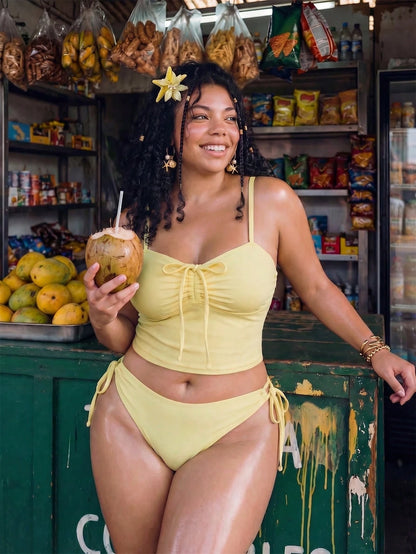 Swim Mod Plus Size 2-Piece Women Butter Yellow Spaghetti Strap Bikini Set,Ruched Front Tie Bow Top,Adjustable Side Tie Bottom,Summer Beach Vacation Holiday