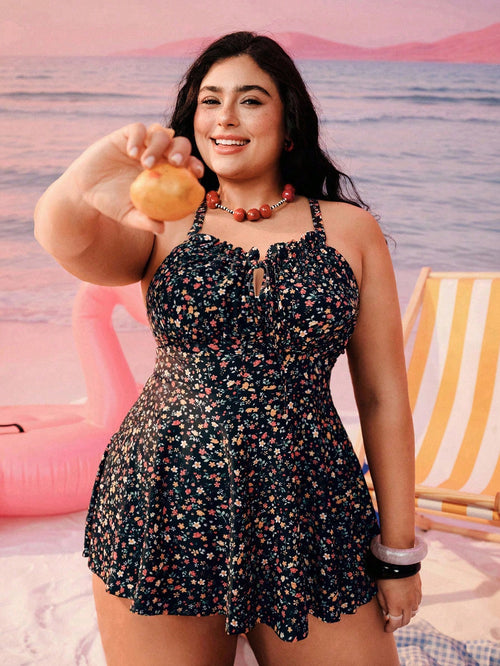 Swim Mod Plus Size Women Ditsy Floral Ruched Front Adjustable Strap Vacation Beach Dress With Bikini Bottom