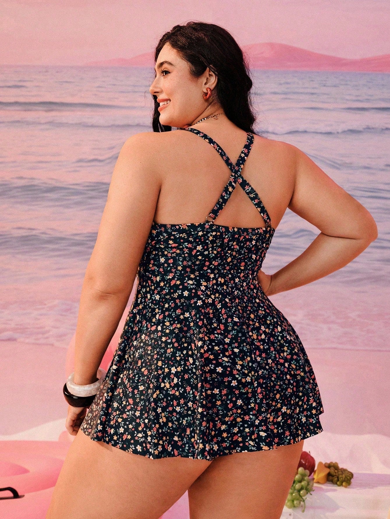 Swim Mod Plus Size Women Ditsy Floral Ruched Front Adjustable Strap Vacation Beach Dress With Bikini Bottom