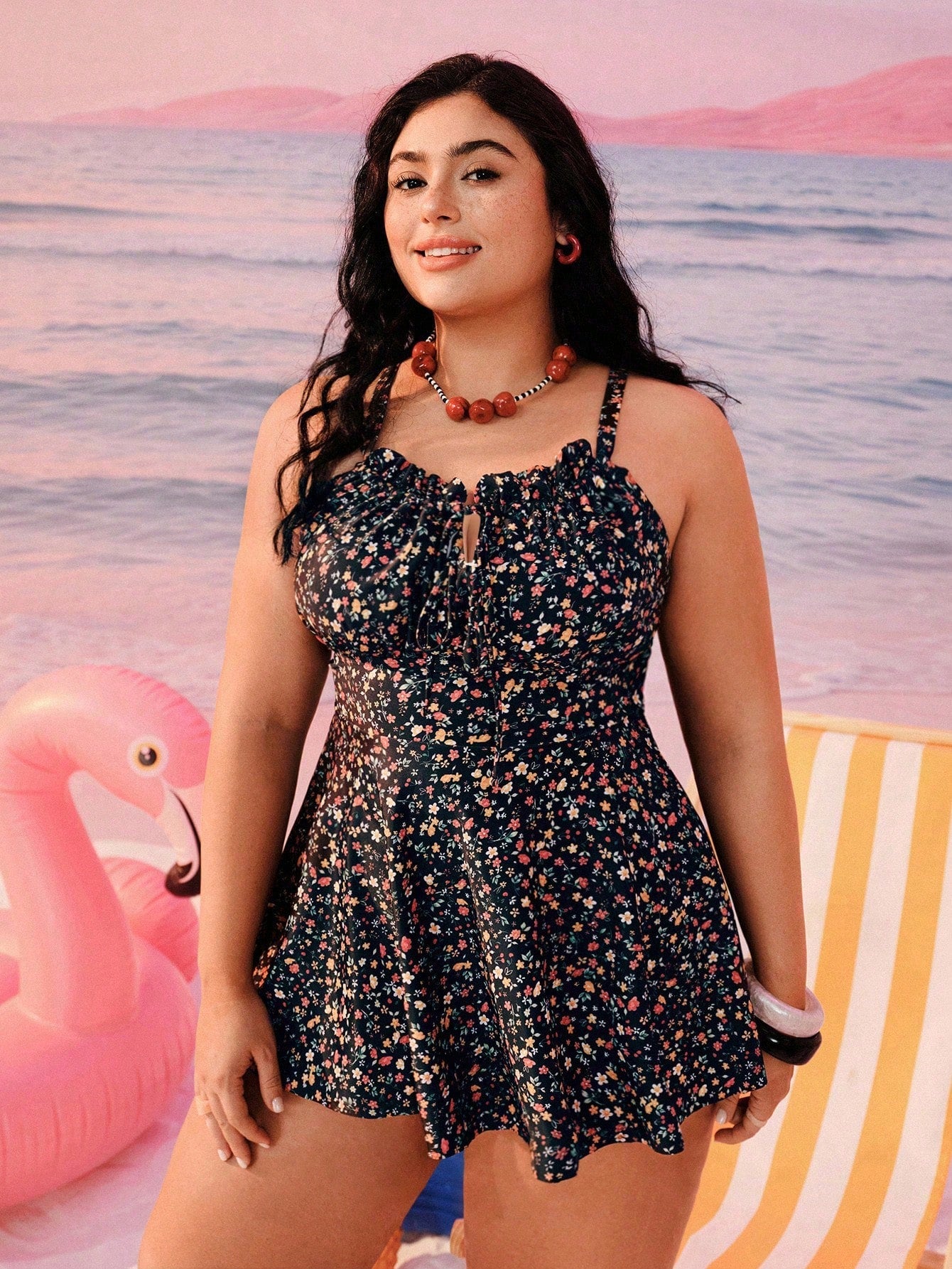 Swim Mod Plus Size Women Ditsy Floral Ruched Front Adjustable Strap Vacation Beach Dress With Bikini Bottom