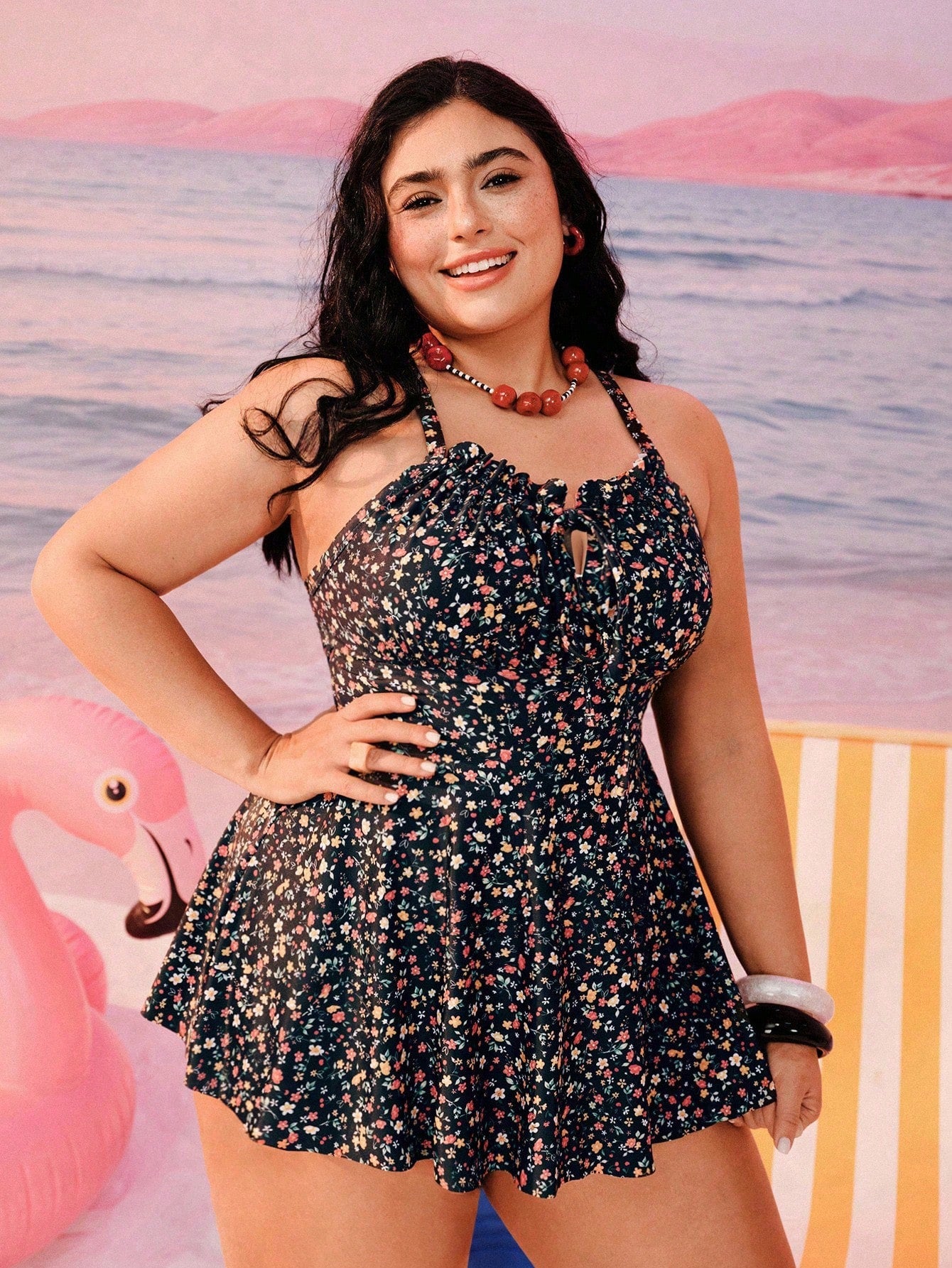Swim Mod Plus Size Women Ditsy Floral Ruched Front Adjustable Strap Vacation Beach Dress With Bikini Bottom
