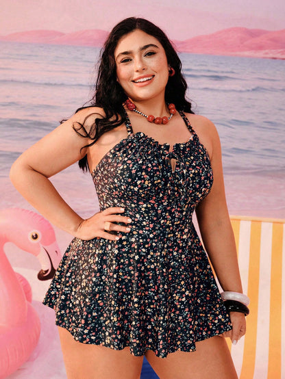 Swim Mod Plus Size Women Ditsy Floral Ruched Front Adjustable Strap Vacation Beach Dress With Bikini Bottom