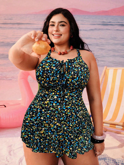 Swim Mod Plus Size Women Ditsy Floral Ruched Front Adjustable Strap Vacation Beach Dress With Bikini Bottom