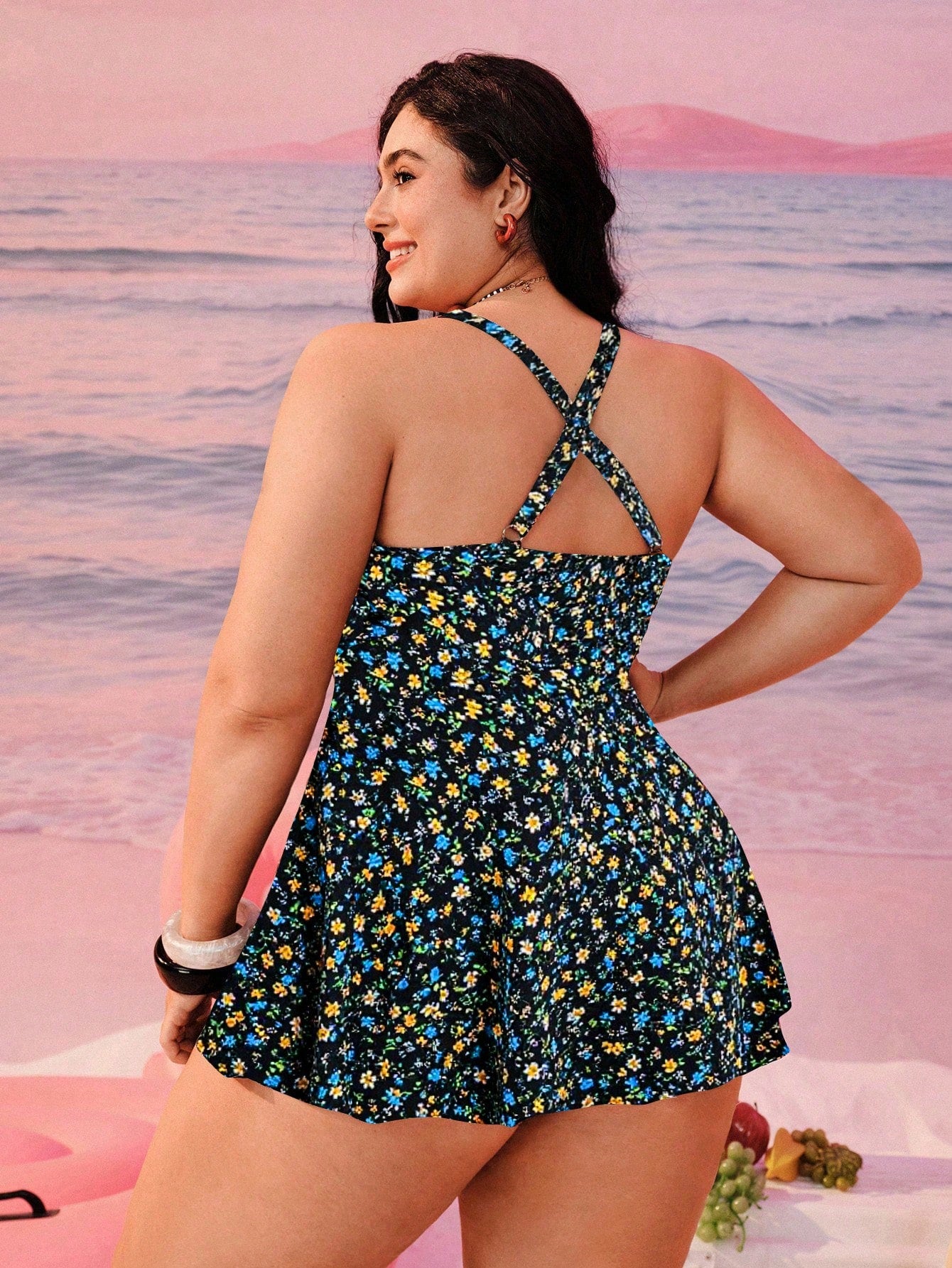 Swim Mod Plus Size Women Ditsy Floral Ruched Front Adjustable Strap Vacation Beach Dress With Bikini Bottom