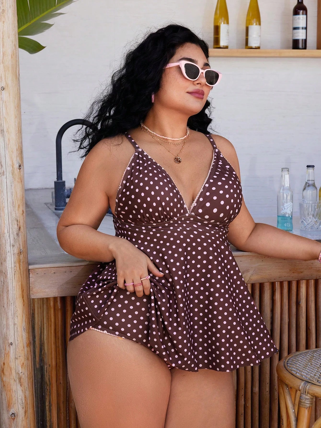 Swim Mod Plus Size Women's Polka Dot Print Deep V-Neck Ruffle Top Paired With Regular Trousers, Flattering Silhouette Beach Atmosphere Women's Swimwear Set