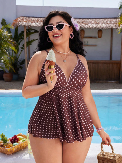 Swim Mod Plus Size Women's Polka Dot Print Deep V-Neck Ruffle Top Paired With Regular Trousers, Flattering Silhouette Beach Atmosphere Women's Swimwear Set