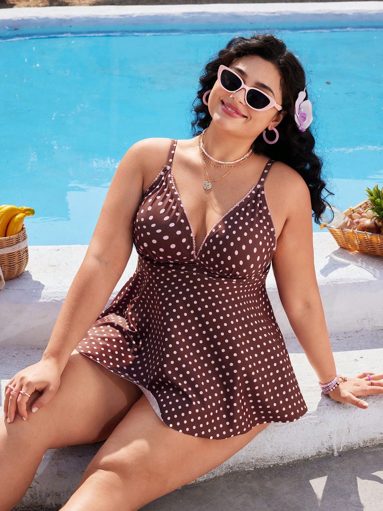 Swim Mod Plus Size Women's Polka Dot Print Deep V-Neck Ruffle Top Paired With Regular Trousers, Flattering Silhouette Beach Atmosphere Women's Swimwear Set