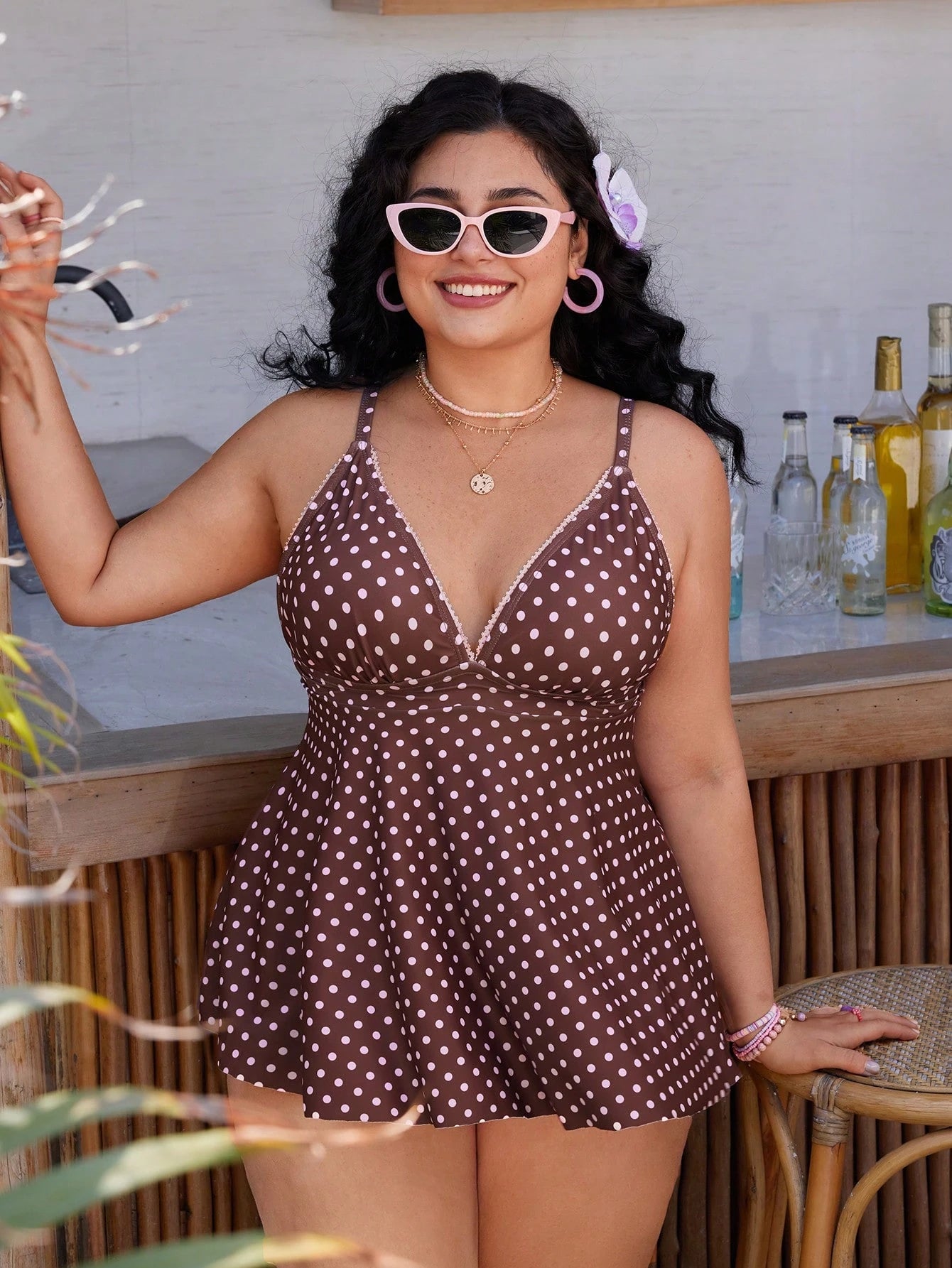 Swim Mod Plus Size Women's Polka Dot Print Deep V-Neck Ruffle Top Paired With Regular Trousers, Flattering Silhouette Beach Atmosphere Women's Swimwear Set