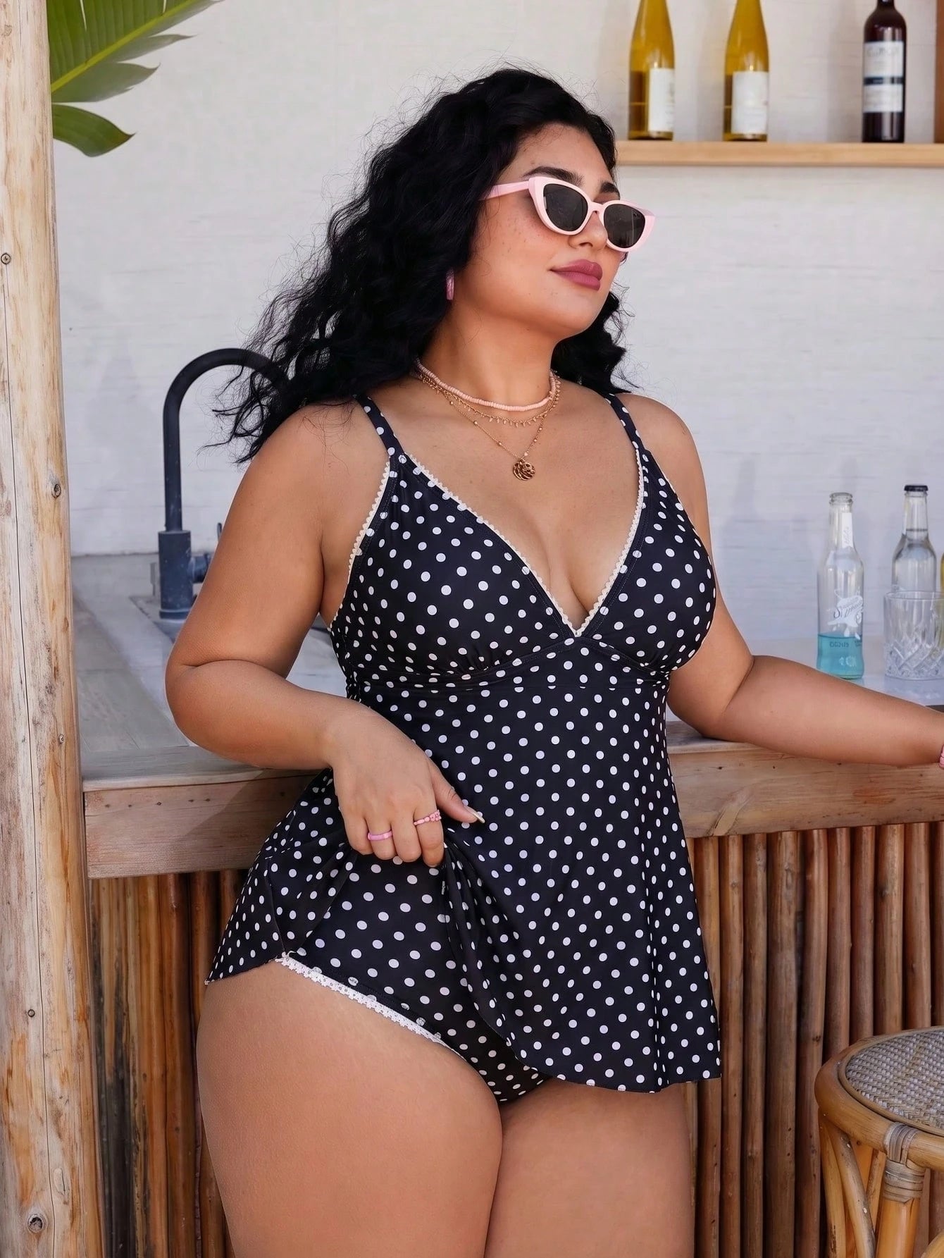 Swim Mod Plus Size Women's Polka Dot Print Deep V-Neck Ruffle Top Paired With Regular Trousers, Flattering Silhouette Beach Atmosphere Women's Swimwear Set