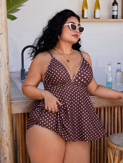 Swim Mod Plus Size Women's Polka Dot Print Deep V-Neck Ruffle Top Paired With Regular Trousers, Flattering Silhouette Beach Atmosphere Women's Swimwear Set