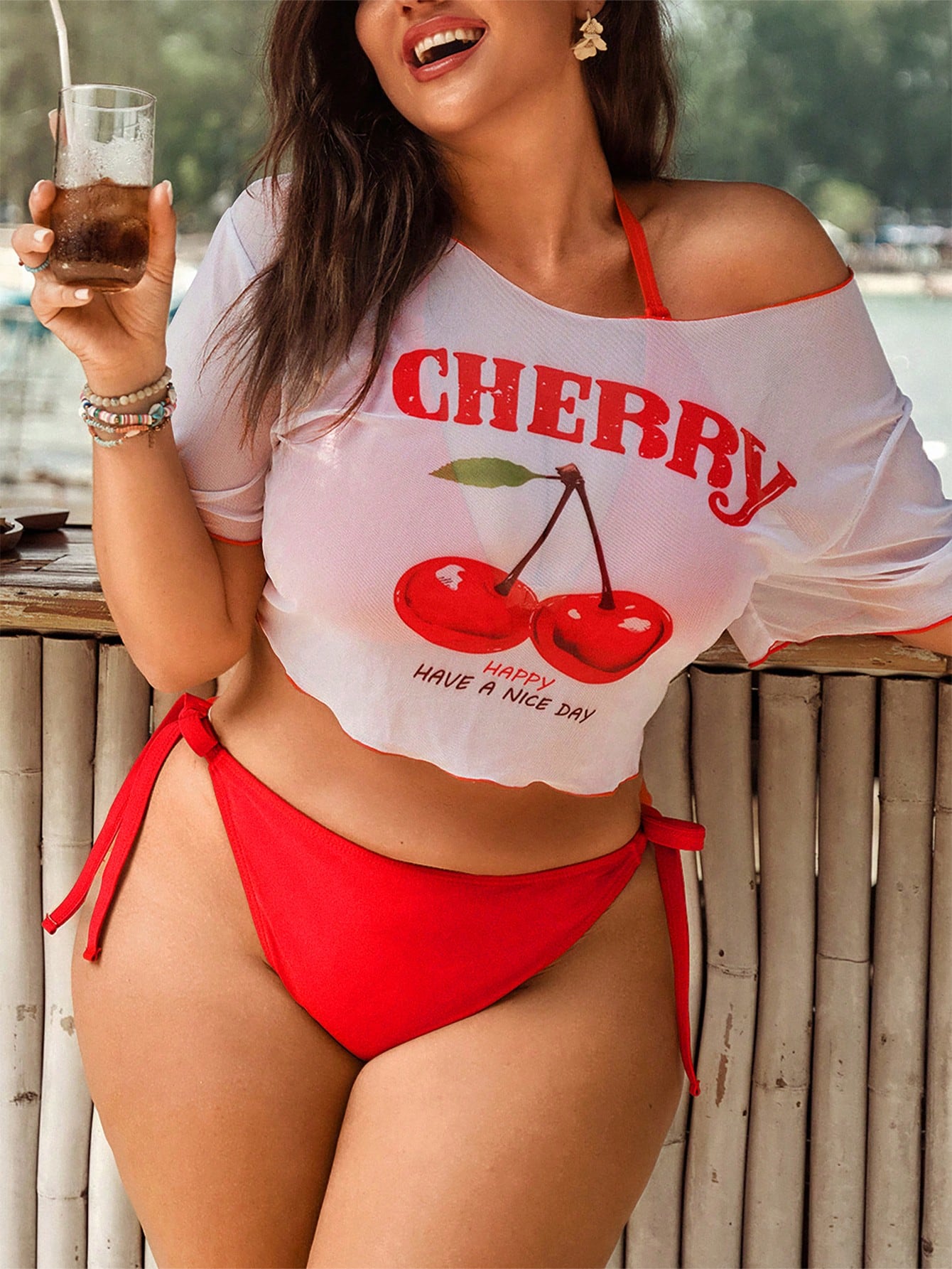 Swim Mod Plus Size Women's Solid Color Triangle Cup Halter Sexy Bikini Set With Sheer Half Sleeve, 3-Piece Minimalist Fashionable Vacation Casual Swimwear