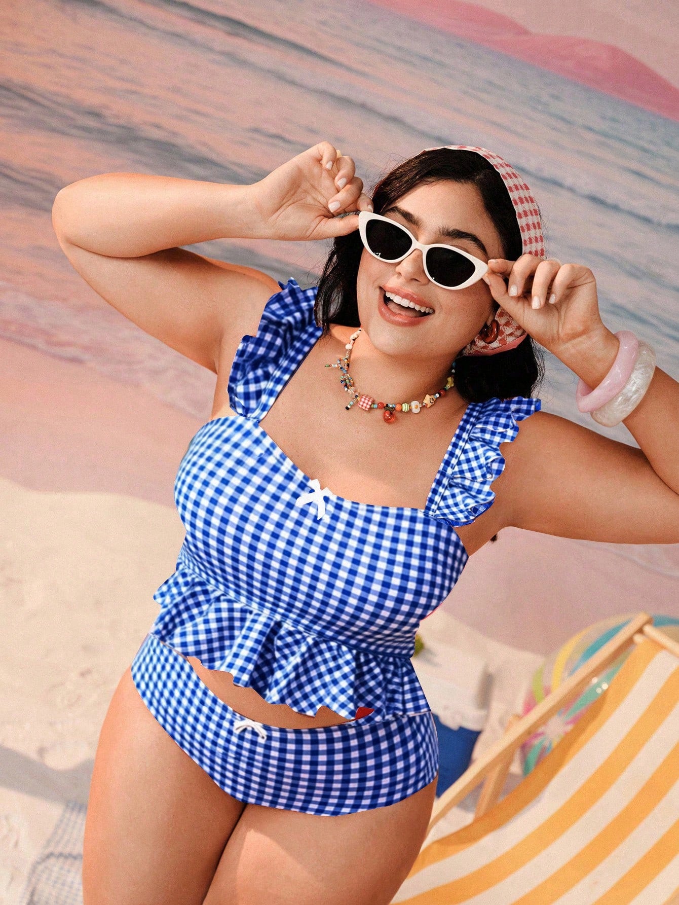 Swim Mod Plus Size Women's Summer Beach Plaid Bow Decor Tankini Top And Triangle Bottoms Swimwear Set