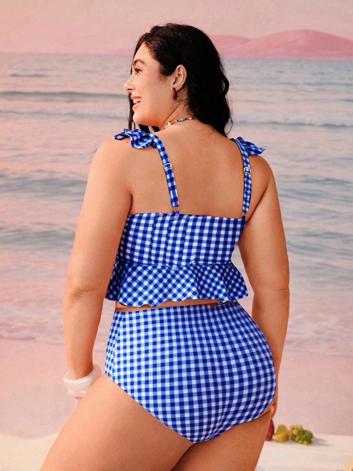 Swim Mod Plus Size Women's Summer Beach Plaid Bow Decor Tankini Top And Triangle Bottoms Swimwear Set