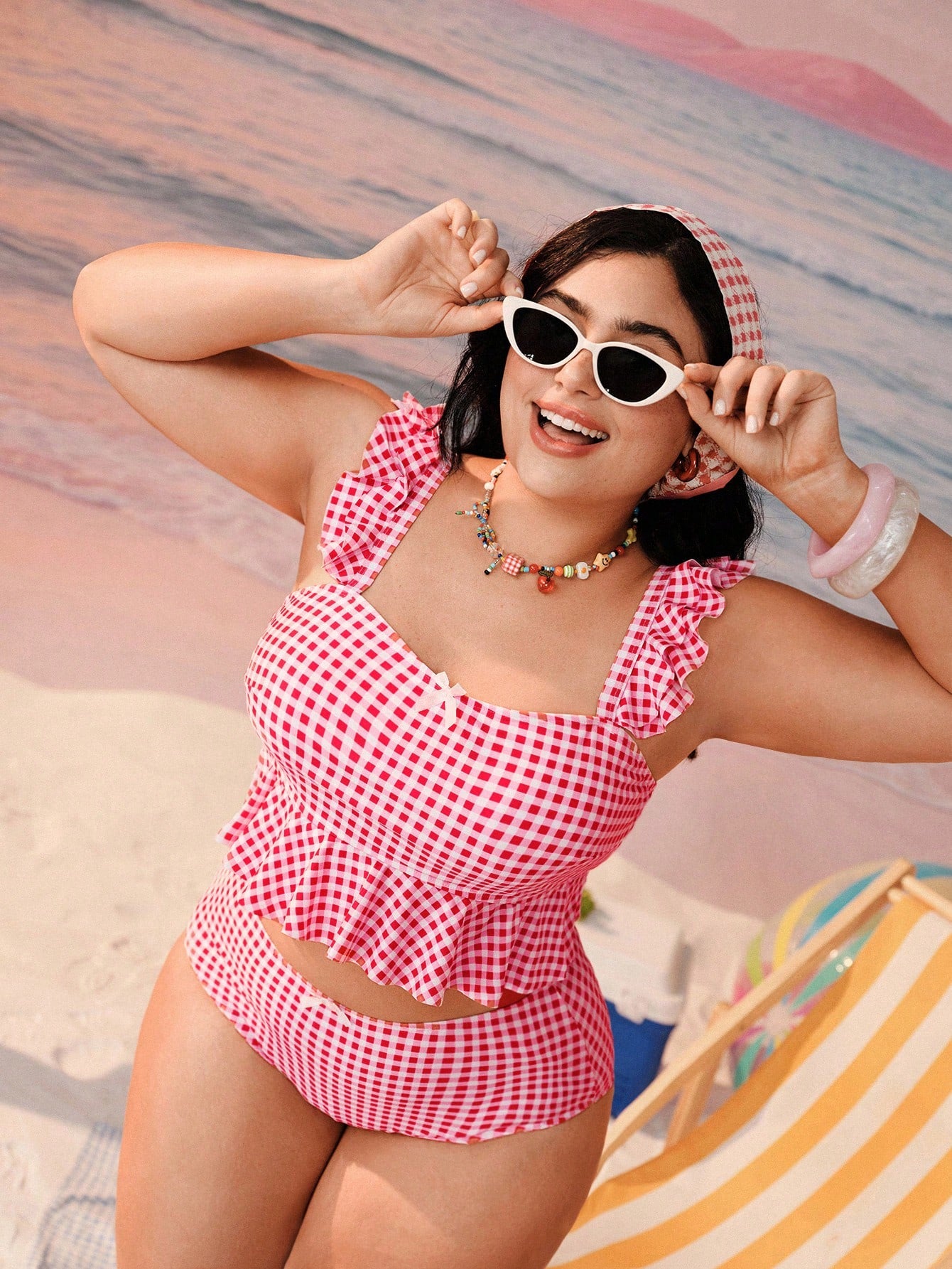 Swim Mod Plus Size Women's Summer Beach Plaid Bow Decor Tankini Top And Triangle Bottoms Swimwear Set