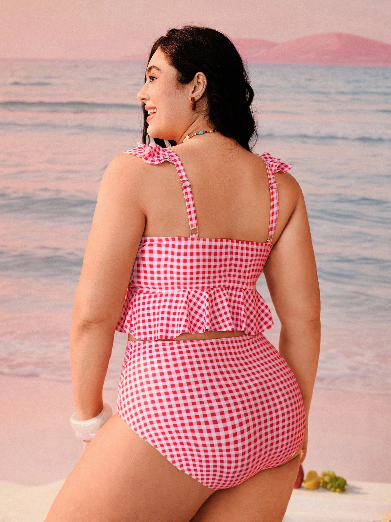 Swim Mod Plus Size Women's Summer Beach Plaid Bow Decor Tankini Top And Triangle Bottoms Swimwear Set