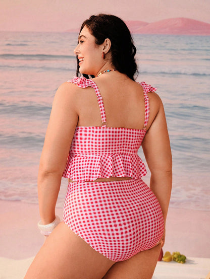 Swim Mod Plus Size Women's Summer Beach Plaid Bow Decor Tankini Top And Triangle Bottoms Swimwear Set