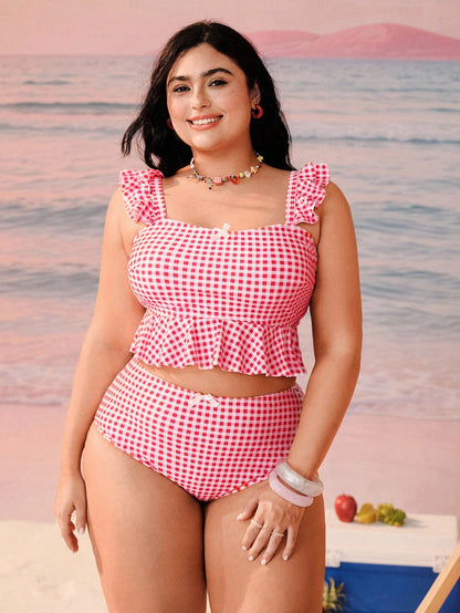 Swim Mod Plus Size Women's Summer Beach Plaid Bow Decor Tankini Top And Triangle Bottoms Swimwear Set