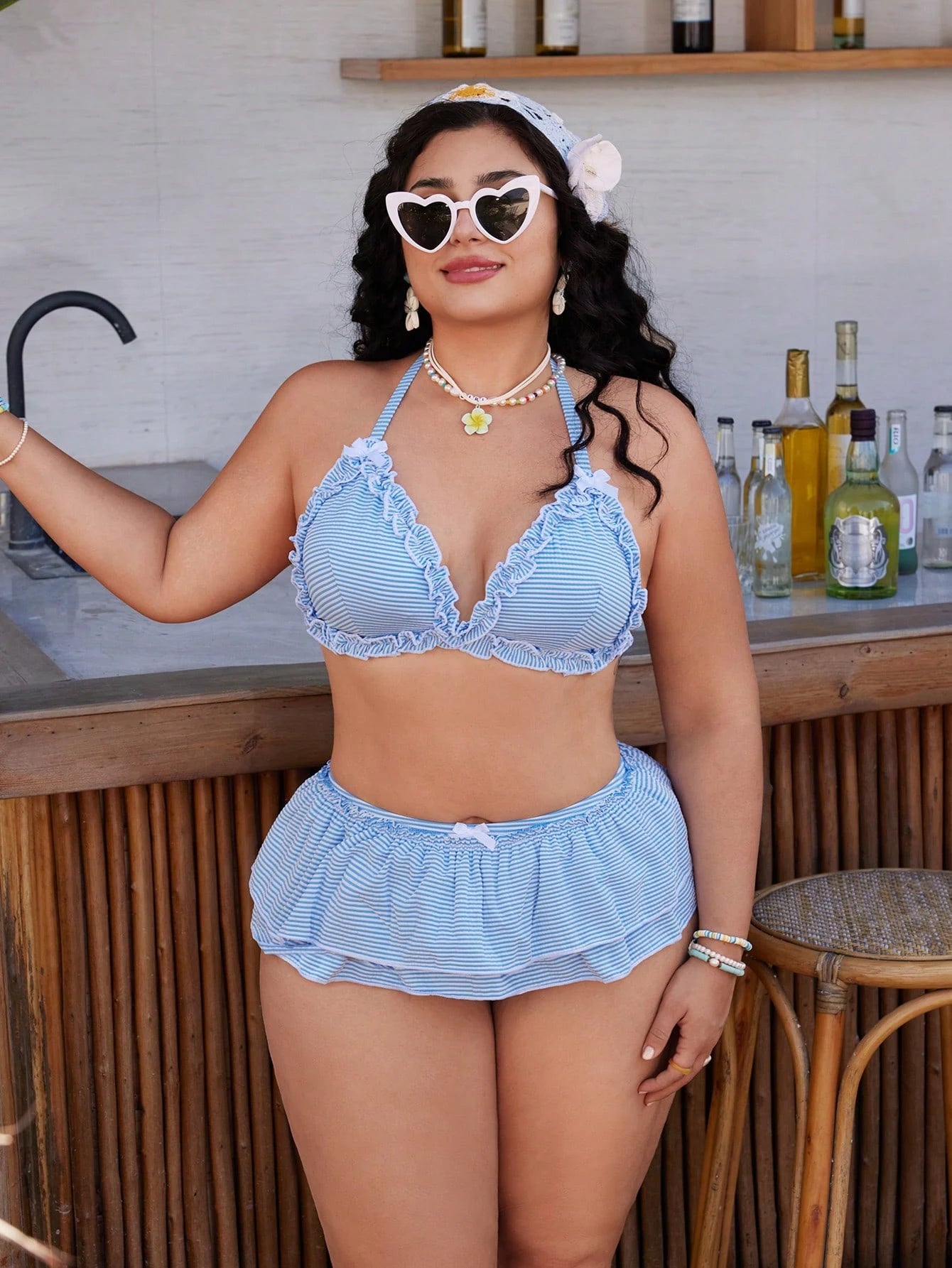 Swim Mod Plus Size Women's Sweet & Cute Minimalist Beach Holiday Blue & White Striped Textured Fabric Ruffle Halter Tie Bow Decor Tankini Swimwear Set