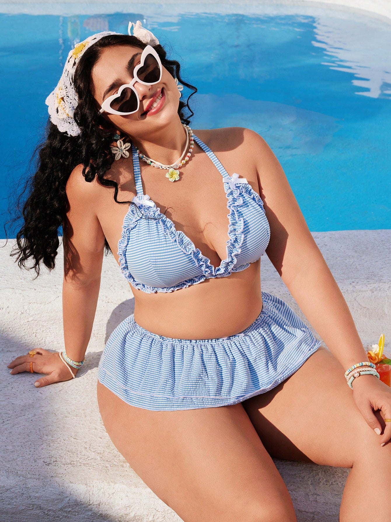 Swim Mod Plus Size Women's Sweet & Cute Minimalist Beach Holiday Blue & White Striped Textured Fabric Ruffle Halter Tie Bow Decor Tankini Swimwear Set