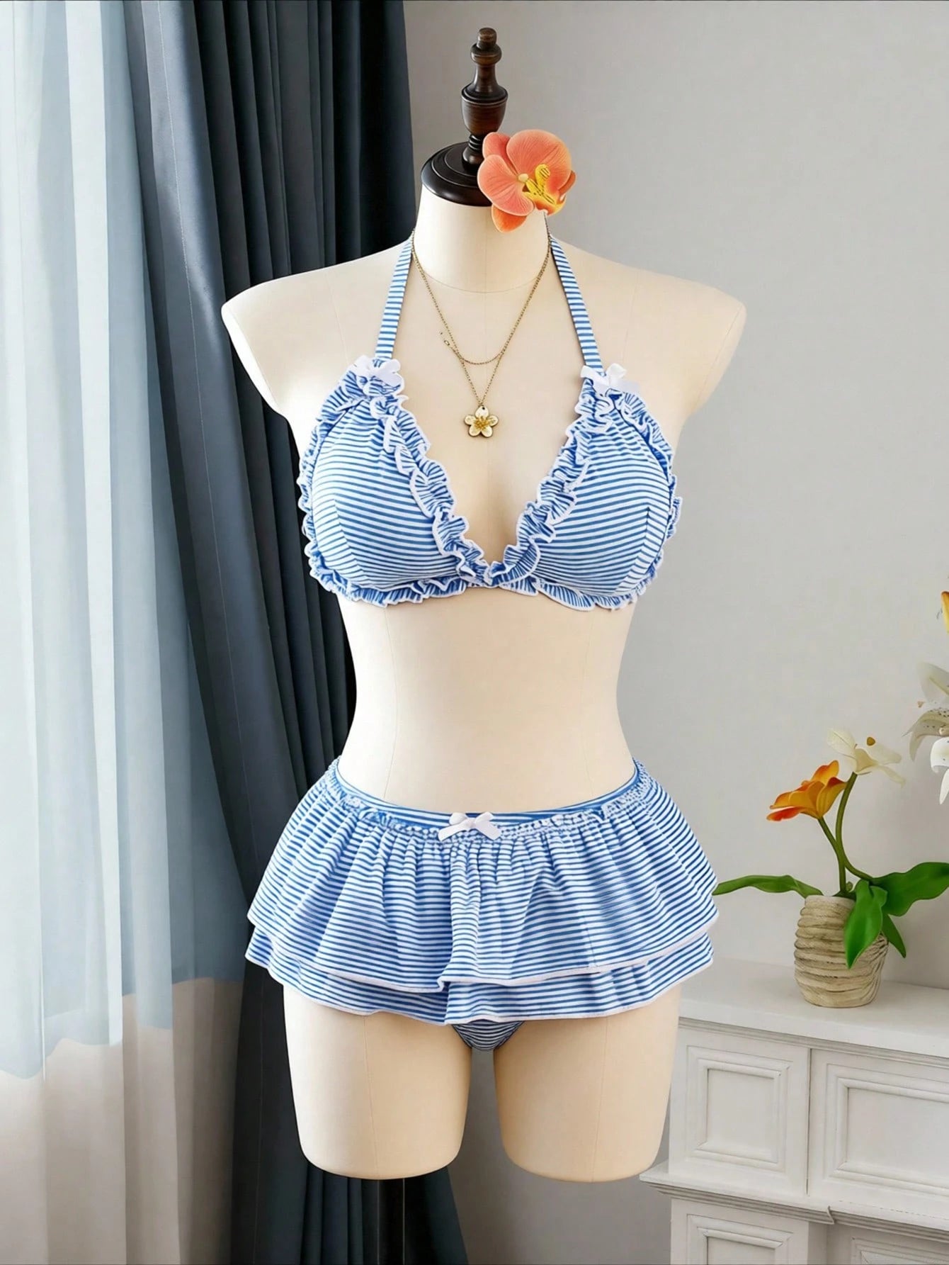 Swim Mod Plus Size Women's Sweet & Cute Minimalist Beach Holiday Blue & White Striped Textured Fabric Ruffle Halter Tie Bow Decor Tankini Swimwear Set