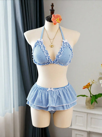 Swim Mod Plus Size Women's Sweet & Cute Minimalist Beach Holiday Blue & White Striped Textured Fabric Ruffle Halter Tie Bow Decor Tankini Swimwear Set