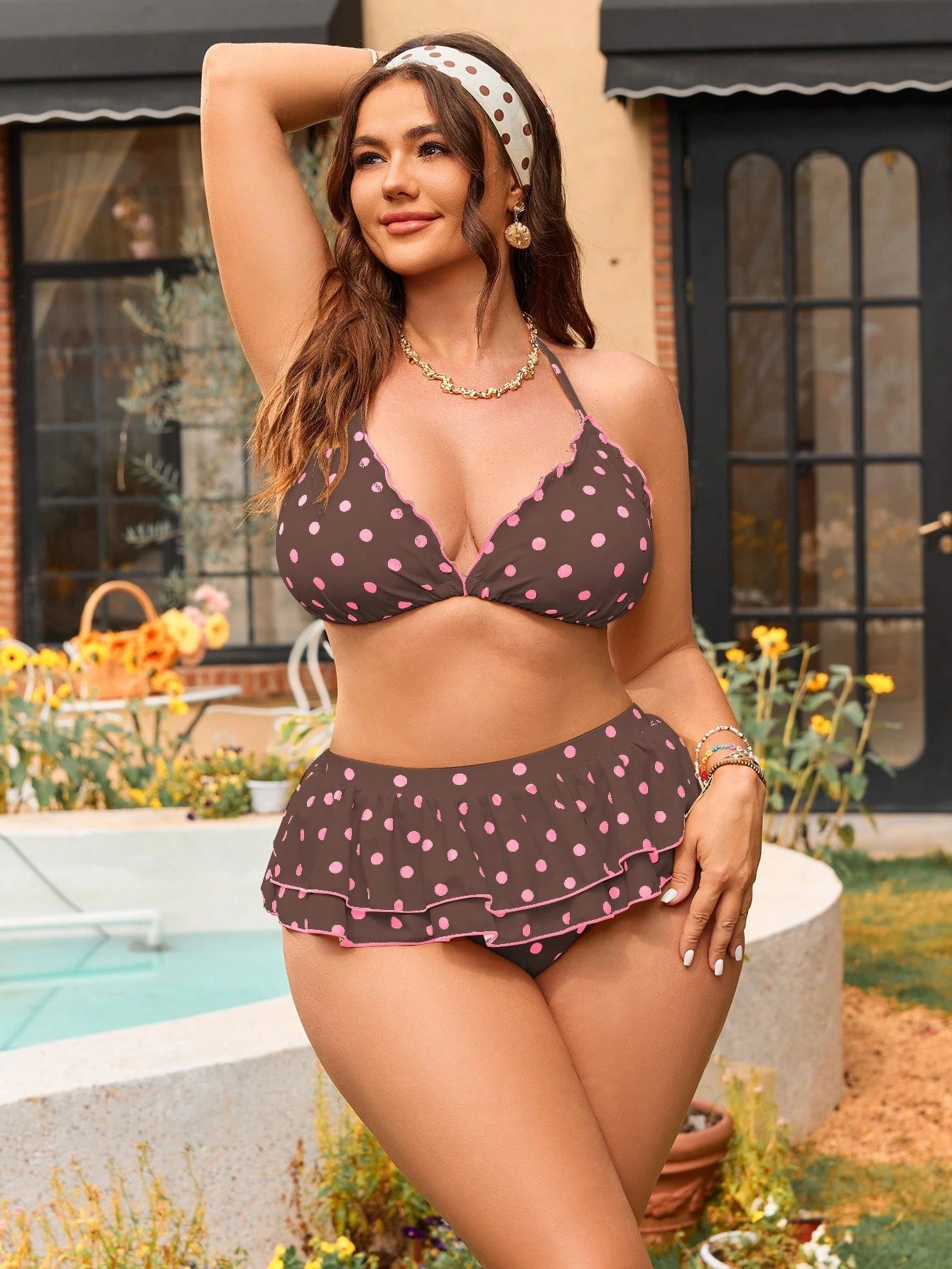 Swim Mod Plus Size Women's Sweet & Cute Minimalist Beach Vacation Random Polka Dot Print Halter Tie Ruffle Hem Tankini Swimwear Set