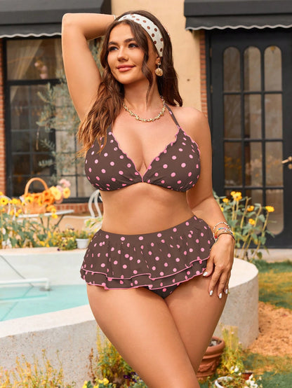Swim Mod Plus Size Women's Sweet & Cute Minimalist Beach Vacation Random Polka Dot Print Halter Tie Ruffle Hem Tankini Swimwear Set