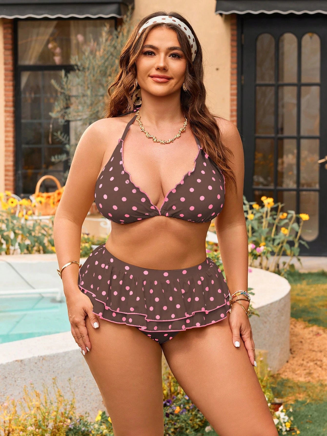 Swim Mod Plus Size Women's Sweet & Cute Minimalist Beach Vacation Random Polka Dot Print Halter Tie Ruffle Hem Tankini Swimwear Set