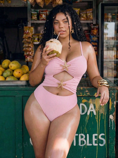 Swim Mod Plus Size Women's Sweet Cute Minimalist Beach Vacation Solid Yellow Textured Fabric V-Neck Adjustable Shoulder Straps Hollow Out Design Star Trim One-Piece Swimsuit