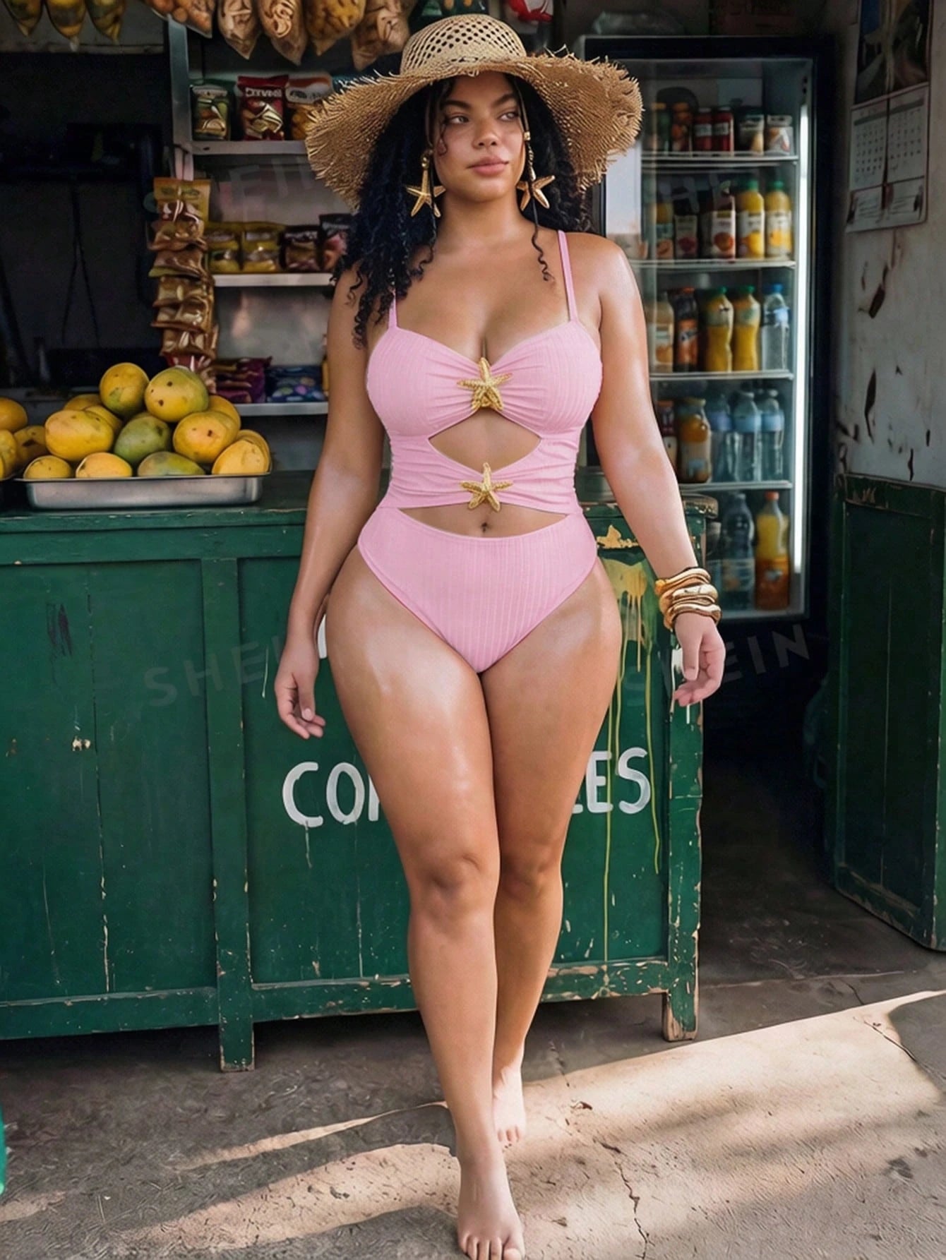 Swim Mod Plus Size Women's Sweet Cute Minimalist Beach Vacation Solid Yellow Textured Fabric V-Neck Adjustable Shoulder Straps Hollow Out Design Star Trim One-Piece Swimsuit