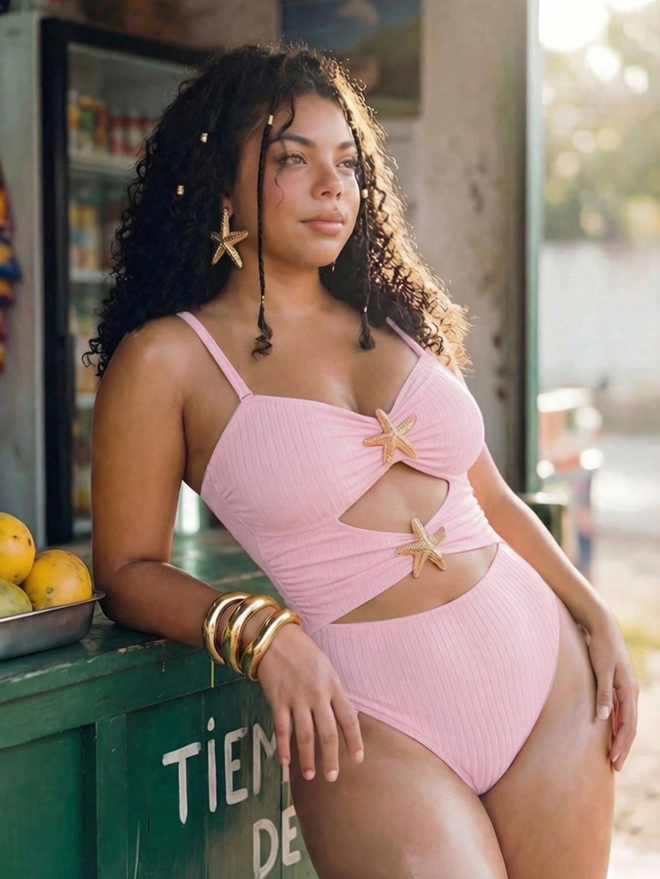 Swim Mod Plus Size Women's Sweet Cute Minimalist Beach Vacation Solid Yellow Textured Fabric V-Neck Adjustable Shoulder Straps Hollow Out Design Star Trim One-Piece Swimsuit
