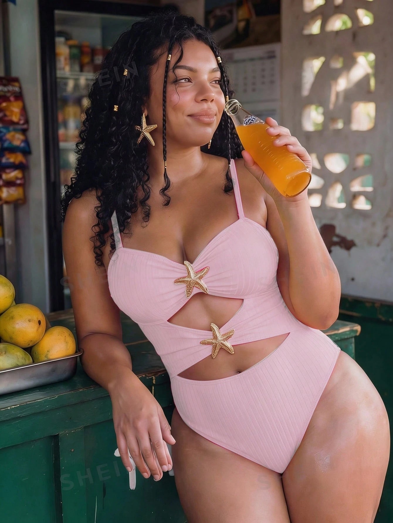 Swim Mod Plus Size Women's Sweet Cute Minimalist Beach Vacation Solid Yellow Textured Fabric V-Neck Adjustable Shoulder Straps Hollow Out Design Star Trim One-Piece Swimsuit
