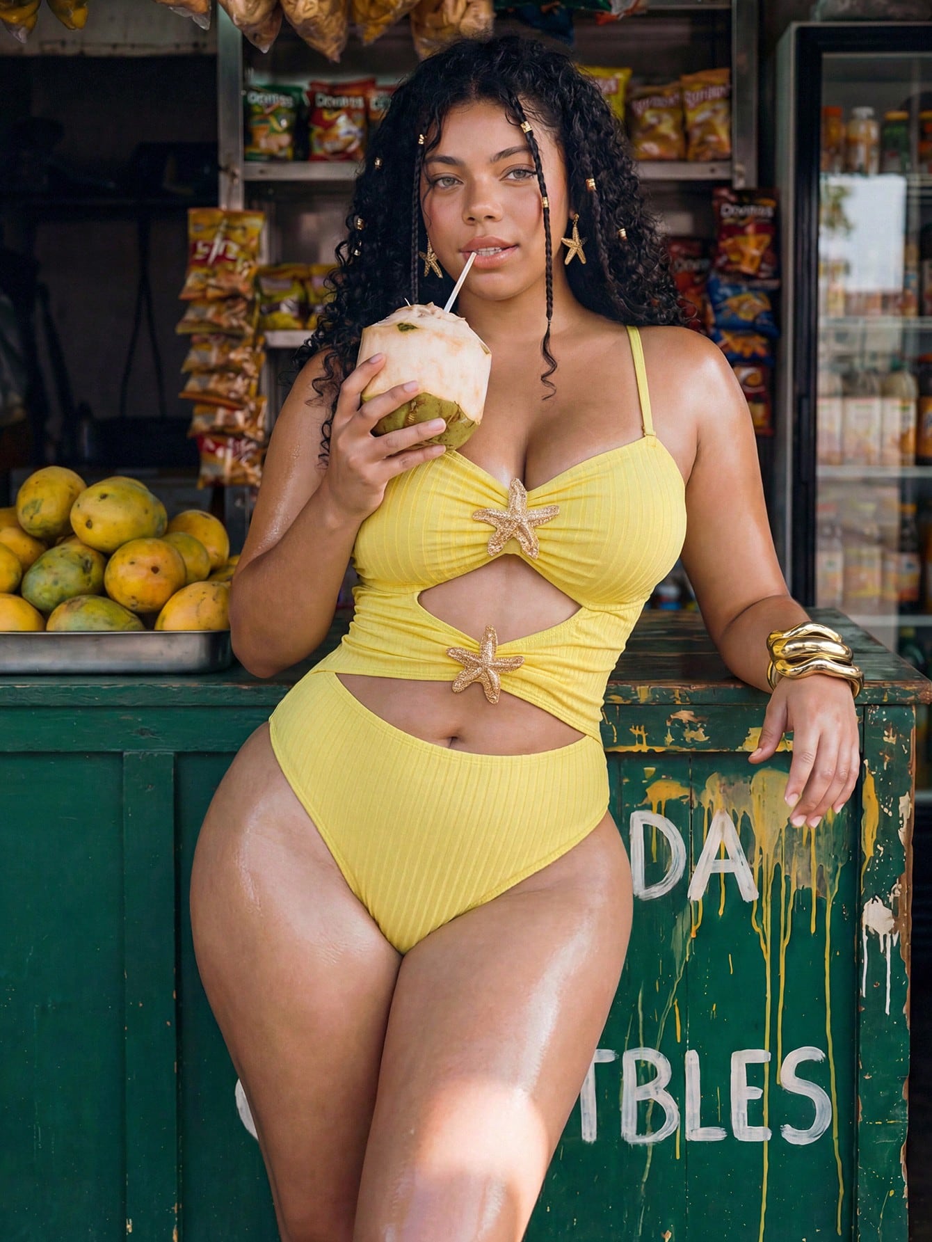 Swim Mod Plus Size Women's Sweet Cute Minimalist Beach Vacation Solid Yellow Textured Fabric V-Neck Adjustable Shoulder Straps Hollow Out Design Star Trim One-Piece Swimsuit