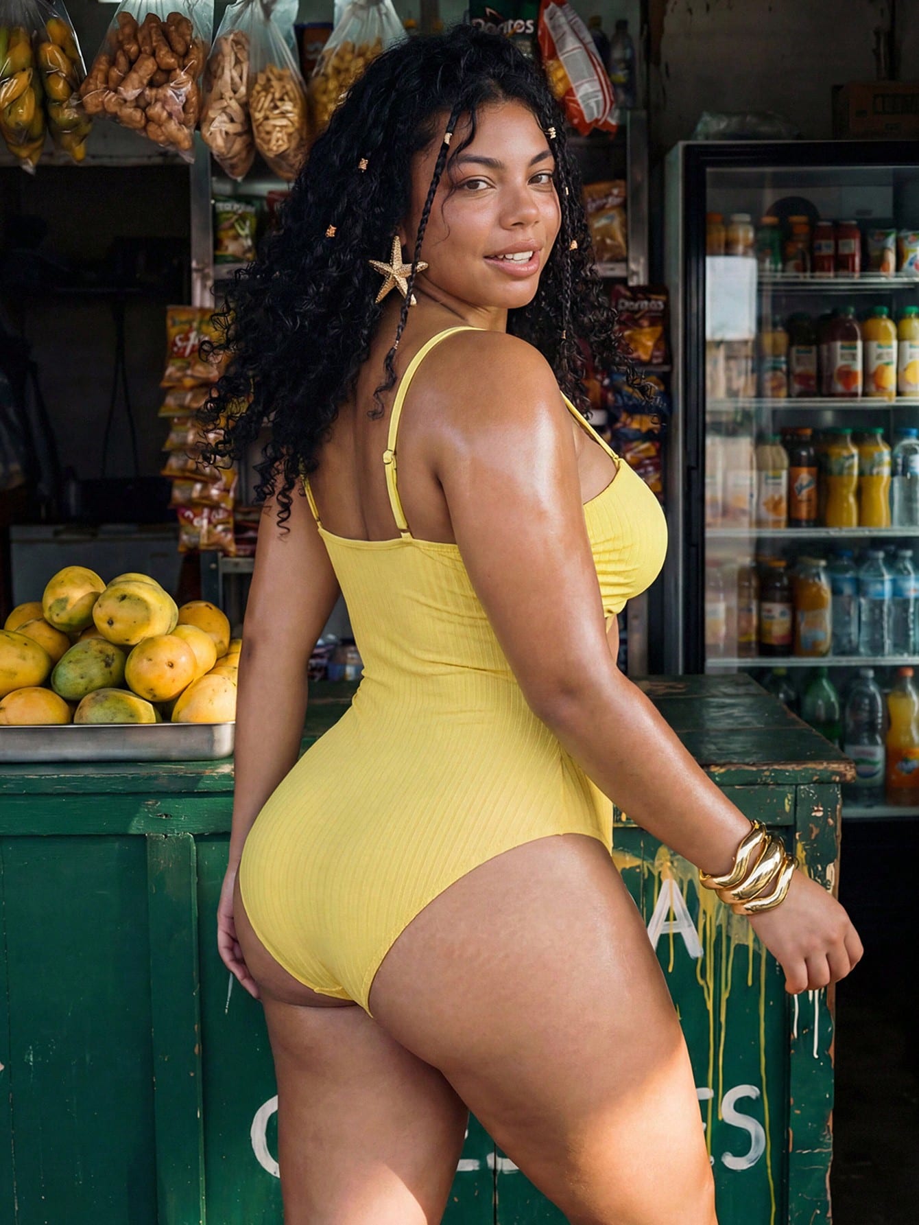 Swim Mod Plus Size Women's Sweet Cute Minimalist Beach Vacation Solid Yellow Textured Fabric V-Neck Adjustable Shoulder Straps Hollow Out Design Star Trim One-Piece Swimsuit