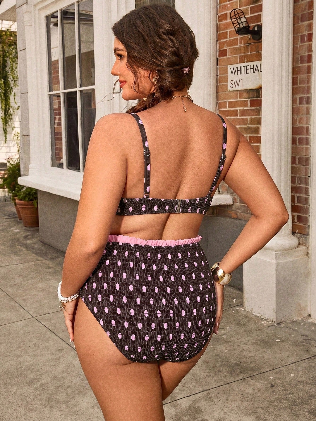 Swim Mod Plus Size Women's Sweet Fruit Print V-Neck Spaghetti Strap Swimwear Set, Suitable For Beach Vacation In Spring/Summer