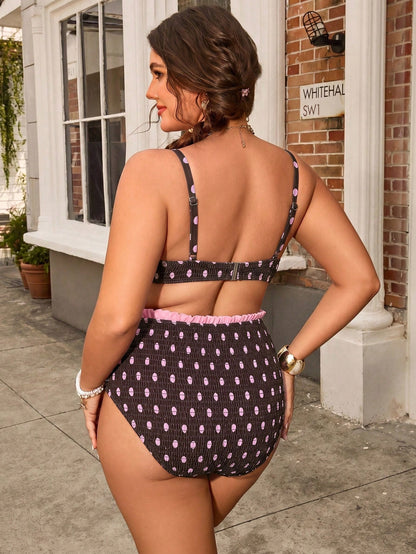 Swim Mod Plus Size Women's Sweet Fruit Print V-Neck Spaghetti Strap Swimwear Set, Suitable For Beach Vacation In Spring/Summer