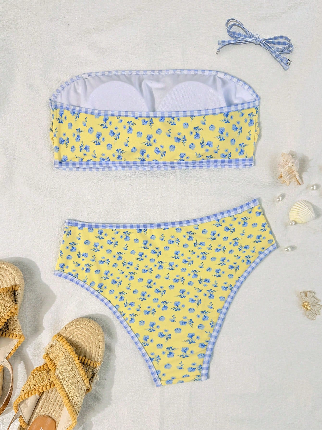 Swim Mod Springbreak Women's Beachwear Summer Outfits, New 2-Piece Set Vacation Random Print Bandeau Top High-Waist Bikini Bottoms Beach Vacation Split Bikini Set
