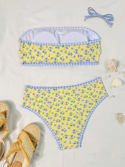 Swim Mod Springbreak Women's Beachwear Summer Outfits, New 2-Piece Set Vacation Random Print Bandeau Top High-Waist Bikini Bottoms Beach Vacation Split Bikini Set
