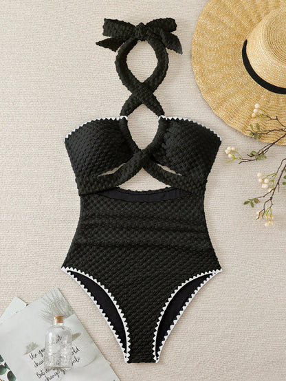 Swim Mod Summer Beach Halter Backless Hollow-Out One-Piece Swimsuit For Women