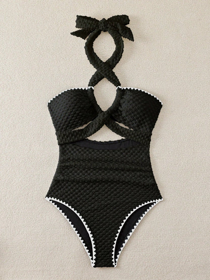 Swim Mod Summer Beach Halter Backless Hollow-Out One-Piece Swimsuit For Women