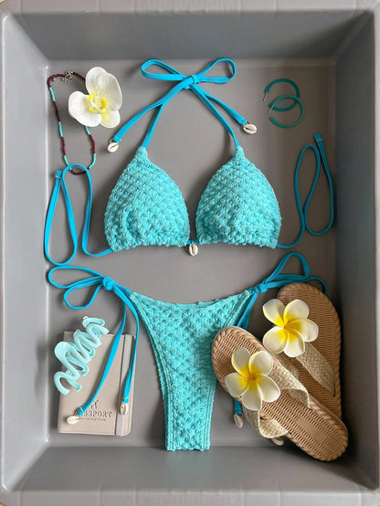Swim Mod Summer Beach Halter Triangle Tie Side Bikini Set