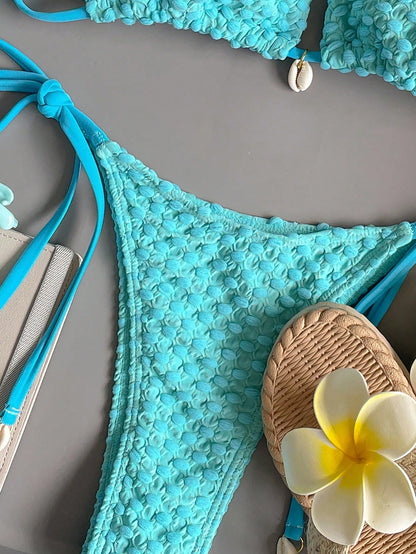 Swim Mod Summer Beach Halter Triangle Tie Side Bikini Set